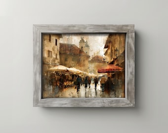 Old European Street Market Scene Rustic Village Wall Art Printable, Earthy Town Square Painting Digital Download for Cottage Farmhouse Decor