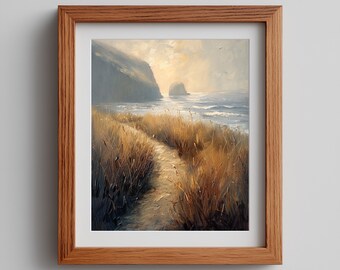 Quadro decorativo de parede com caminho costeiro sinuoso, pintura a óleo de paisagem de dunas ao pôr do sol, impressão de natureza aconchegante, decoração de outono à beira-mar.
