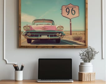 Retro Pink Car Print: Route 66 Desert Road Trip Art (Digital Download)