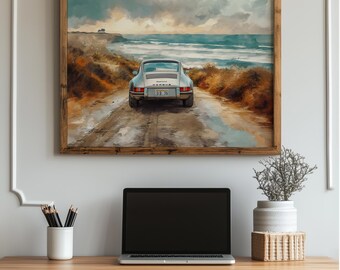 Impresión vintage de viaje por carretera al atardecer, arte mural de muscle car retro, descarga digital