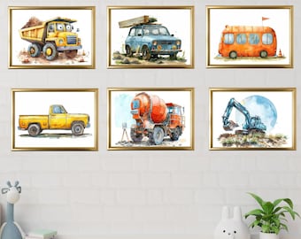 Set of 6 Kids Room Printable Construction Vehicle, Nursery Vehicle Wall Art,Whimsical Baby Room Decor, Digital Printable 2