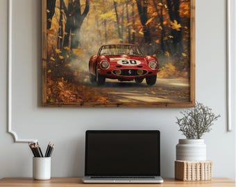 May include: Framed print of a red vintage race car with the number 50 on the hood, driving on a road through a forest with autumn foliage. The car has a classic design and is set against a backdrop of trees and falling leaves.