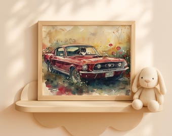 Tuxedo Katze im roten Oldtimer mit Kürbissen - Halloween Kinder Wandkunst, Vintage Auto-Dekor, wunderlichen Herbst druckbare, Katzen-Kinderzimmer-Kunst