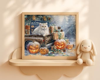 Halloween Persian Cat with Pumpkins and Gifts - Cute Fluffy Cat Printable Art, Kids Fall Wall Decor, Whimsical Autumn Holiday Painting