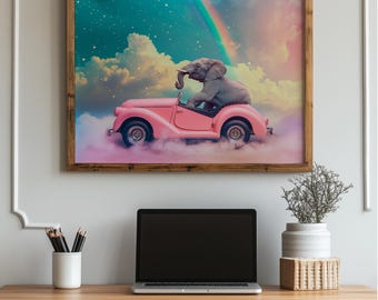 Elephant in Pink Sports Car Print: Whimsical Nursery Art (Digital Download)