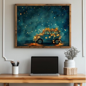 May include: A framed print depicting a blue vintage car decorated with fairy lights. The artwork has a dark blue and teal background with scattered golden lights, creating a whimsical, festive scene. The wooden frame adds a rustic touch.