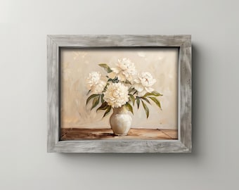 Peonie bianche in vaso - Decorazione floreale vintage da parete, decorazione botanica rustica, pittura cottagecore, opera d'arte floreale digitale stampabile 208