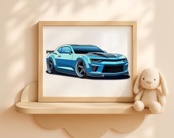 Nursery Blue Race Car Wall Art, Baby Room Vehicle Poster, Toddler Racing Decor, Sports Car Digital Artwork, Printable Nursery Art