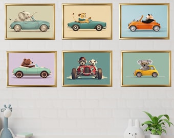Pacchetto di stampe murali con animali e auto, arte vintage con animali, auto per la cameretta dei bambini, decorazioni per la cameretta con auto, stampe artistiche di auto, download digitale