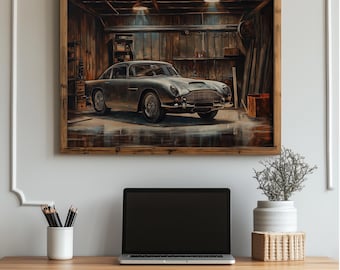 Könnte beinhalten: Gerahmter Druck eines klassischen silbernen Autos in einer Holzgarage. Das Kunstwerk hat eine Vintage-Ästhetik, wobei das Auto im Mittelpunkt steht. Die Garage umfasst Werkzeuge und Holzbalken und schafft eine nostalgische Szene.