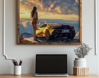 高級ウォールアート、グラマラスな女性アート、夕日の車アート、エキゾチックな自動車アート、スーパーカーの装飾、モダンポスター、ガレージプリント