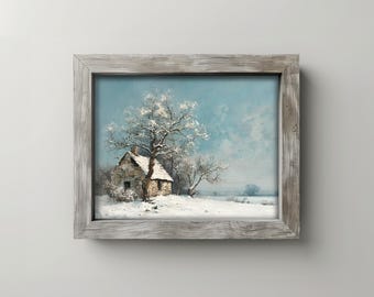 Winter Verschneite Cottage Szene druckbare Kunst rustikale Vintage Ölgemälde Land Haus Winter Dekor digitaler Download