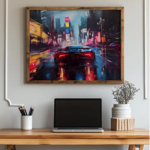 Neon Sports Car Cityscape Art Print: Rainy Night Racing (Digital Download