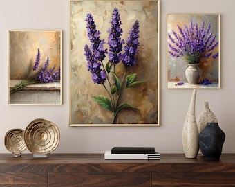 Set of 3 Lavender Botanical Prints - Rustic Purple Flower Wall Art, Cottagecore Floral Printable, Vintage Farmhouse Herb Decor Download