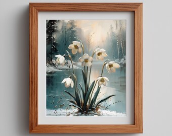 May include: A framed art print featuring a winter landscape with white flowers in the foreground. The artwork depicts a snowy scene with a river and trees, all in soft, muted colors. The frame is made of wood.