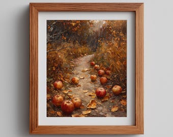 Autumn Orchard Wall Art, Vintage Apple Tree Oil Painting, Rustic Fall Harvest Print, Cottagecore Kitchen Decor