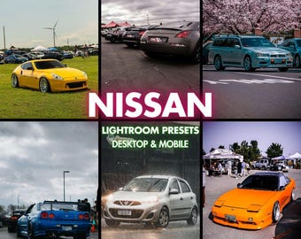 May include: A collage of images featuring various Nissan cars in different settings. The images include a yellow sports car on grass, a line of dark-colored cars, a blue car, a silver car in the rain, and an orange car. Text overlay reads "NISSAN" and "LIGHTROOM PRESETS DESKTOP & MOBILE."
