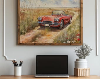 Classic Car Watercolor Print: Rustic Country Road Landscape (Digital Download)