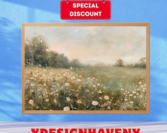 Meadow of White Wildflowers - Cottagecore Field Wall Art, Vintage Floral Landscape Painting, Soft Spring Printable Nature Decor 210