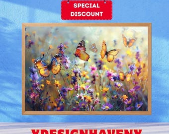 Butterflies Meadow Printable Wall Art, Cottagecore Floral Nature Decor (Digital Download)