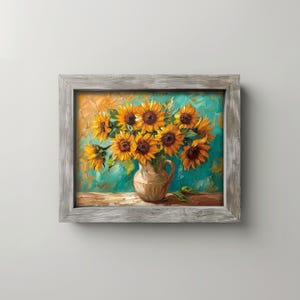 May include: A framed painting of sunflowers in a vase. The sunflowers are yellow and brown, and the vase is beige. The background is a mix of teal and orange, with a wooden frame.