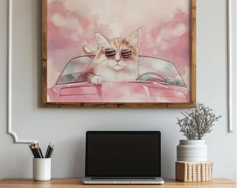 Aquarell Katze im Cabrio Kunstdruck: Skurriles Auto Dekor (Digitaler Download