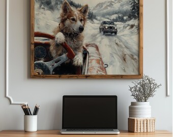 May include: A framed artwork depicts a dog driving a vintage car on a snowy mountain road. The dog, with brown and white fur, is at the wheel. A second car is visible in the distance. The artwork is in a rustic wooden frame.