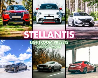 May include: A collage of six cars in various settings. The cars are red, white, black, and gray. The image includes the text "STELLANTIS" and "LIGHTROOM PRESETS DESKTOP & MOBILE".