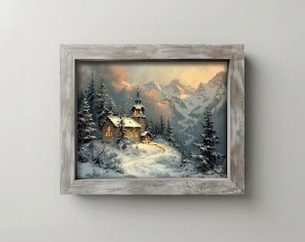 Chapelle de Noël dans les montagnes en hiver, peinture, art mural rustique paysage enneigé, scène d'église de vacances, décoration d'hiver imprimable à télécharger