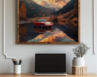 May include: A framed print of a red sports car reflected in a lake, set against a backdrop of mountains and a sunset. The wooden frame complements the warm tones of the landscape. The print is displayed above a wooden desk.