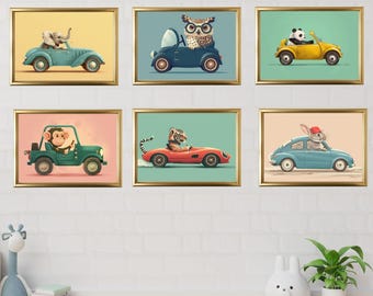6 set di decorazioni murali con auto retrò e animali, decorazioni per la cameretta dei bambini, stampe di mezzi di trasporto per la cameretta dei bambini, set di poster di auto d'epoca, download digitale