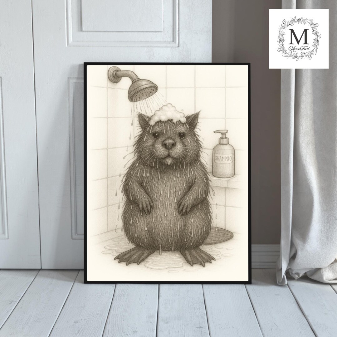 Wet Beaver in Shower – Funny Printable Animal Wall Art – Black and ...