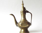 Miniature Etched Brass Coffee Pot w Hinged Lid, 4 3 4 quot Vintage India