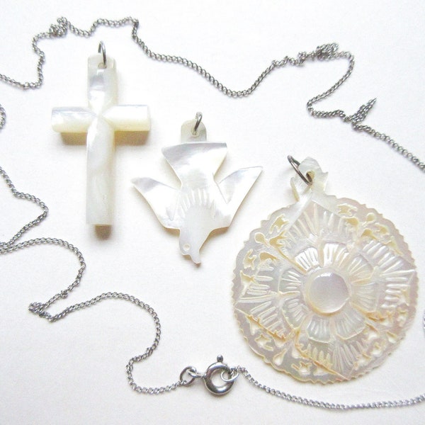 Mother of Pearl Sterling Silver Necklace, Cross, Peace Dove, Passion Flower Pendant Lot of 3 Carved Vintage