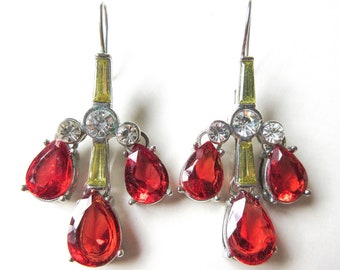 Monet Crystal Chandelier Earrings, Red Teardrops, Vintage Rhinestone