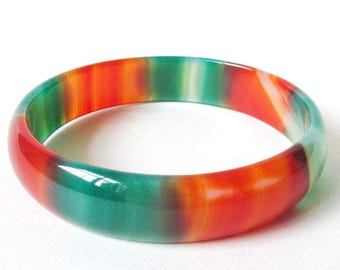 Banded Agate Bangle Bracelet, Vintage Green & Orange Stone ON SALE