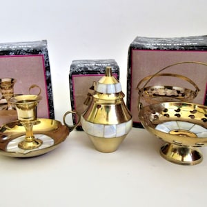 3 Mother of Pearl Inlaid Brass Candle Holder, Temple Jar, Basket, Made India, Vintage New ON SALE