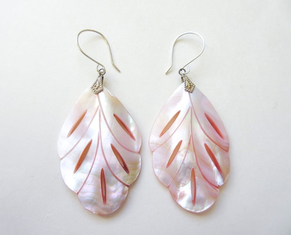 Mother of Pearl Earrings w Sterling Silver, Carve… - image 2