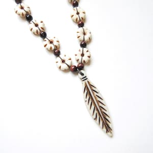 Vintage Carved Bone Feather Necklace, Tiger’s Eye Beads, 18” ON SALE