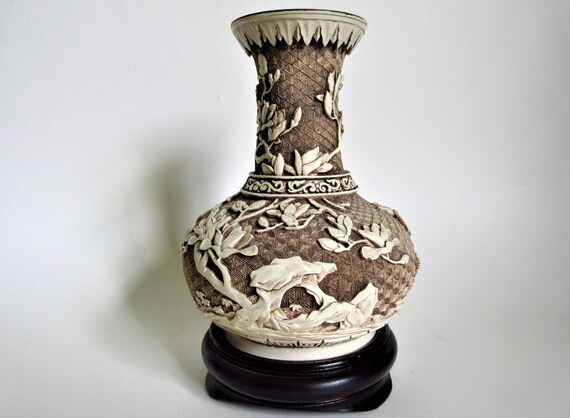 Bird Floral Asian Vase Faux Carved Ivory On Brass Vintage Etsy