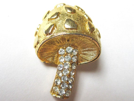 Crystal Mushroom Pin, 1.5" Rhinestone Gold Tone V… - image 1