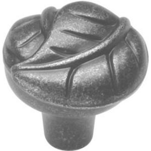 May include: A decorative cabinet knob with a leaf design. The knob is made of a dark, textured metal with a detailed leaf pattern on the rounded top. The stem is cylindrical.