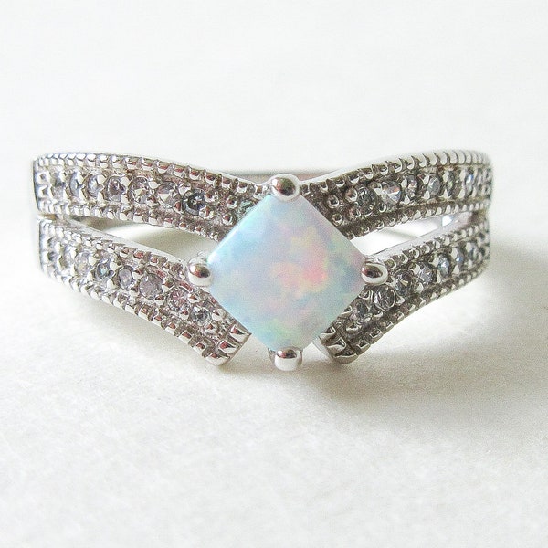 Avon Sterling Silver Created Opal Rhombus & CZ Ring Size 7
