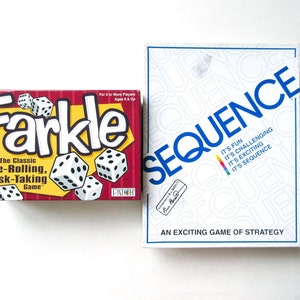 May include: Two board games, one red with the word "Farkle" and the other white with the word "SEQUENCE" in blue. Both boxes have game descriptions and instructions.
