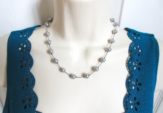Faux Pearl Station Necklace, 17" Vintage Illusion… - image 1