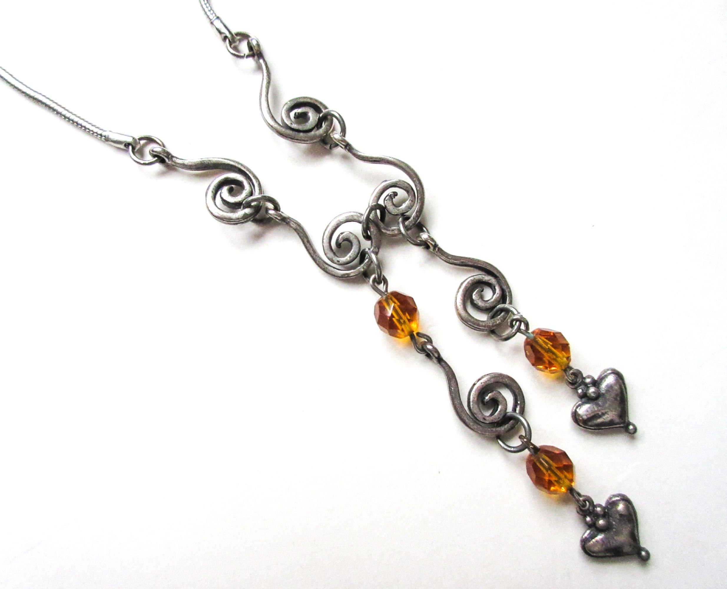 Tassel Necklace, Hearts, Scroll, Glass Beads, 21" Retro Vintage ON SALE
