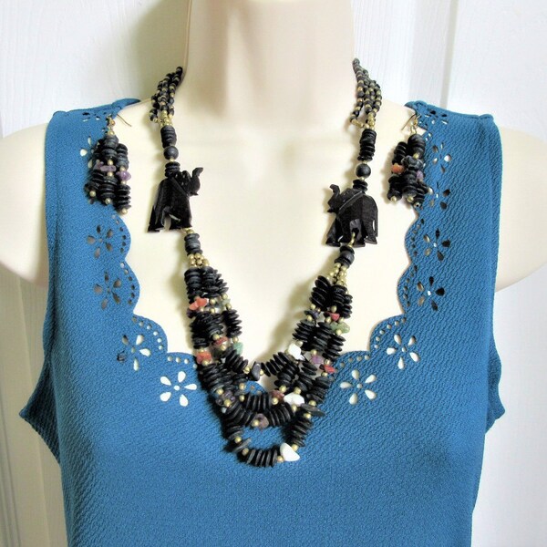 Carved Ebony Wood Elephant Necklace & Earrings, 24" Multi Strand, New Vintage African Tribal ON SALE