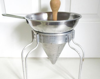 Vintage Wear Ever Canning Strainer Complete w Cone Colander, Stand, Wood Pestle