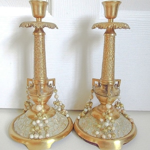 Brass Mother of Pearl Candlesticks, 10&quot; Hollywood Regency Tassels, Crystal Inlay, Vintage Made India ON SALE