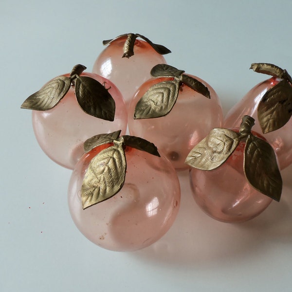 6 Blown Glass Fruit, Peach Flash with Gold Leaves - Vintage Art Glass ON SALE